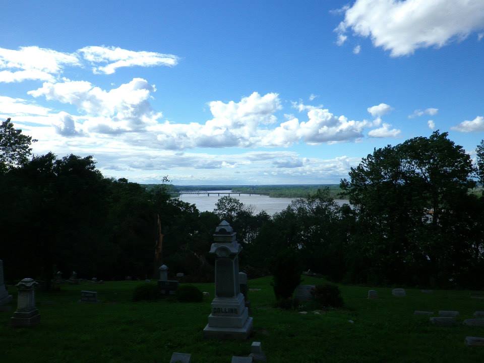 The Mississippi River serves as a beautiful backdrop of the Riverside Cemetery in Hannibal, MO.